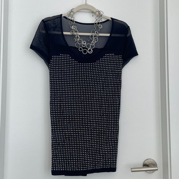 Studded Navy Dressy T-Shirt Round Neck Short Sleeve Lightweight Top XL - Picture 1 of 3